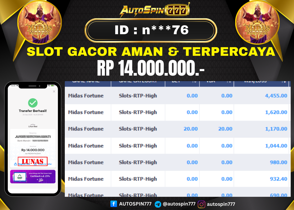 AUTOSPIN777 : BUKTI RESMI PEMBAYARAN KEMENANGAN SLOT : MIDAS FORTUNE RP. 14.000.000.- LUNAS 26 SEP 2025