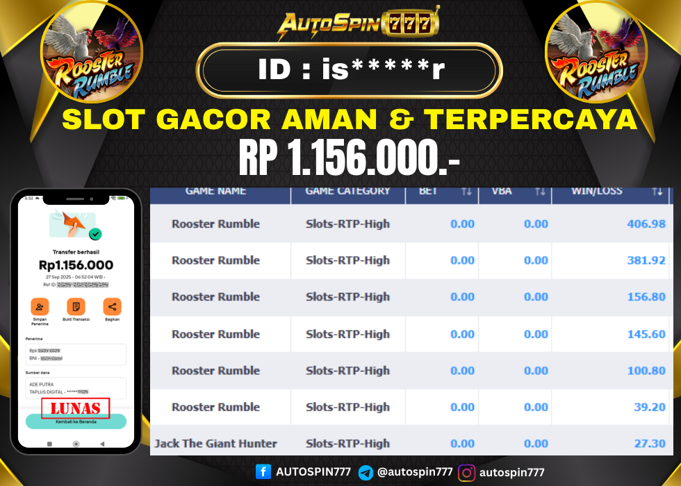 AUTOSPIN777 : BUKTI RESMI PEMBAYARAN KEMENANGAN SLOT : ROOSTER RUMBLE RP. 1.156.000.- LUNAS 27 SEP 2025