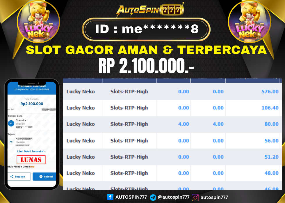 AUTOSPIN777 : BUKTI RESMI PEMBAYARAN KEMENANGAN SLOT : LUCKY NEKO RP. 2.100.000.- LUNAS 28 SEP 2025