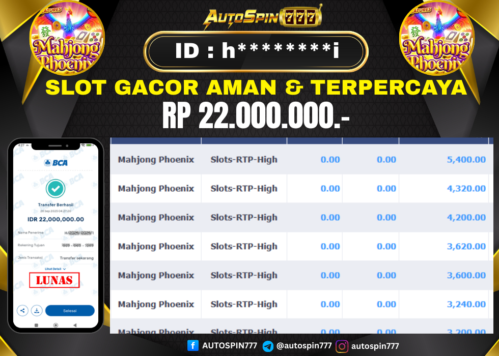 AUTOSPIN777 : BUKTI RESMI PEMBAYARAN KEMENANGAN SLOT : MAHJONG PHOENIX RP. 22.000.000.- LUNAS 28 SEP 2025