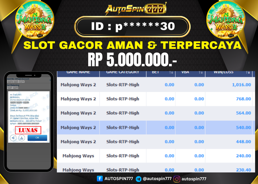AUTOSPIN777 : BUKTI RESMI PEMBAYARAN KEMENANGAN SLOT : MAHJONG WAYS 2 RP. 5.000.000.- LUNAS 01 OCT 2025