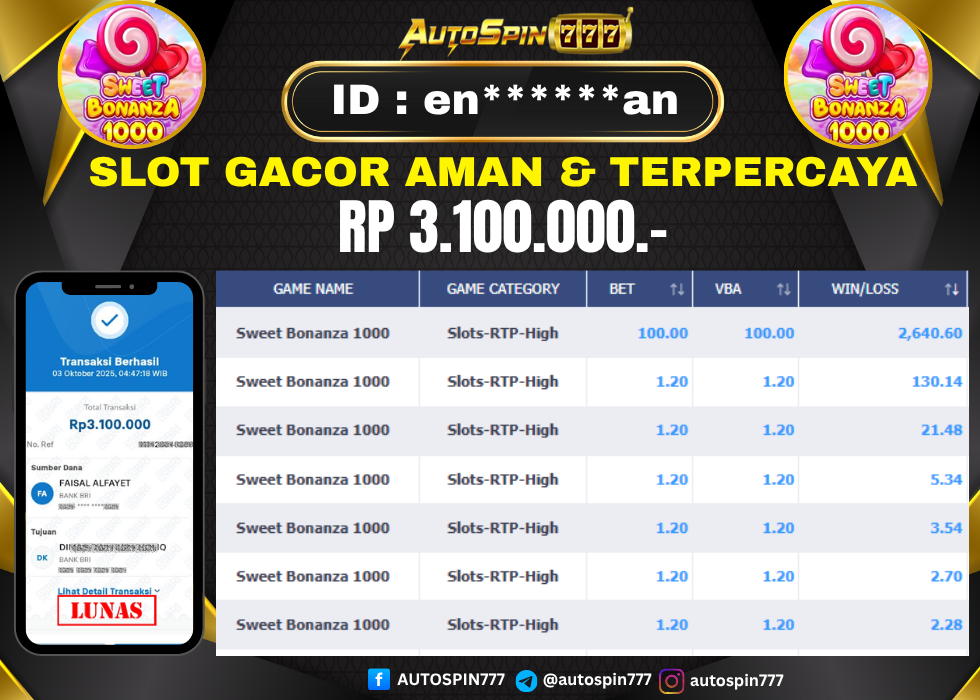 AUTOSPIN777 : BUKTI RESMI PEMBAYARAN KEMENANGAN SLOT : SWEET BONANZA 1000 RP. 3.100.000.- LUNAS 03 OCT 2025