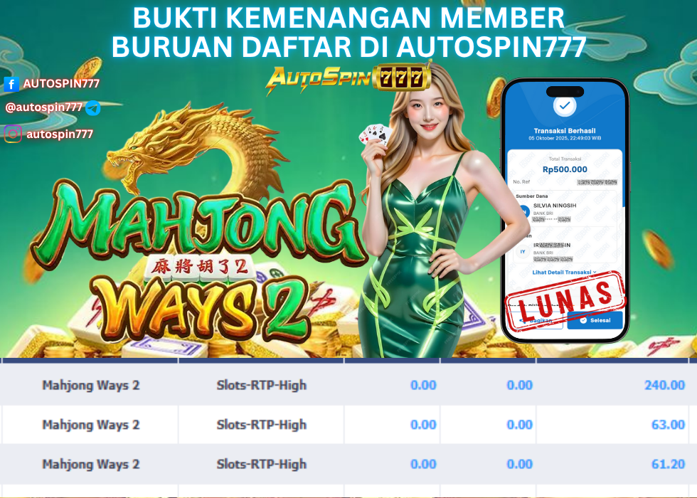 AUTOSPIN777 : BUKTI RESMI PEMBAYARAN KEMENANGAN SLOT : MAHJONG WAYS 2 RP. 500.000.- LUNAS 05 OCT 2025