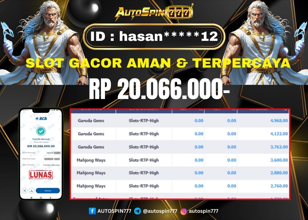 AUTOSPIN777 : BUKTI RESMI PEMBAYARAN KEMENANGAN SLOT : GARUDA GEMS RP. 20.066.000.- LUNAS 13 SEP 2025