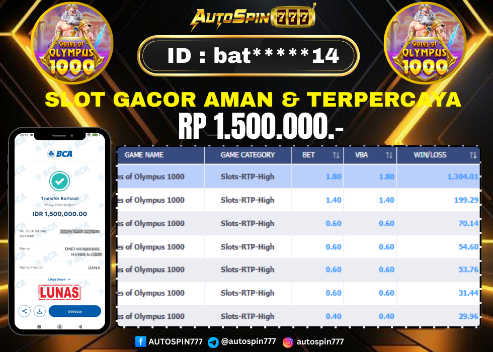 AUTOSPIN777 : BUKTI RESMI PEMBAYARAN KEMENANGAN SLOT : PRAGMATIC PLAY RP. 1.500.000.- LUNAS 17 SEP 2025