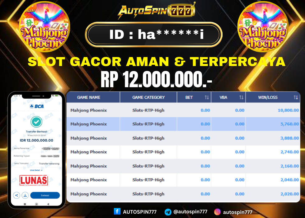 AUTOSPIN777 : BUKTI RESMI PEMBAYARAN KEMENANGAN SLOT : MAHJONG PHOENIX RP. 12.000.000.- LUNAS 19 SEP 2025