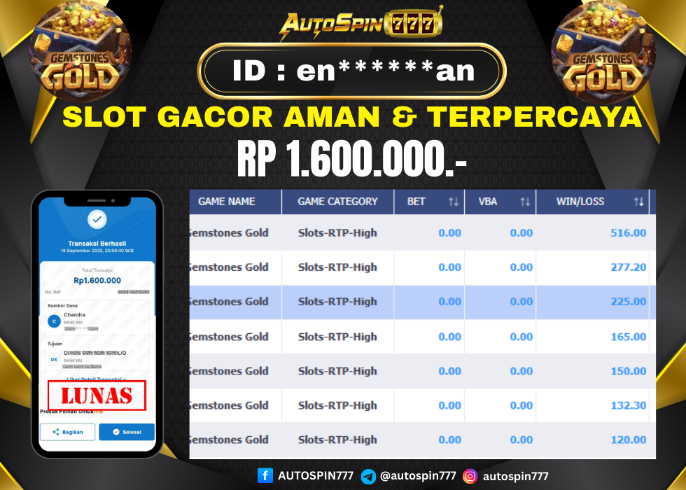 AUTOSPIN777 : BUKTI RESMI PEMBAYARAN KEMENANGAN SLOT : GEMSTONES GOLD RP. 1.600.000.- LUNAS 19 SEP 2025