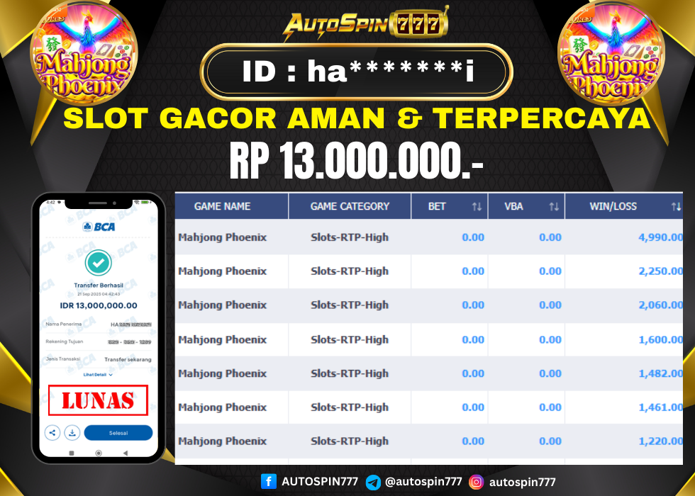 AUTOSPIN777 : BUKTI RESMI PEMBAYARAN KEMENANGAN SLOT : MAHJONG PHOENIX RP. 13.000.000.- LUNAS 21 SEP 2025