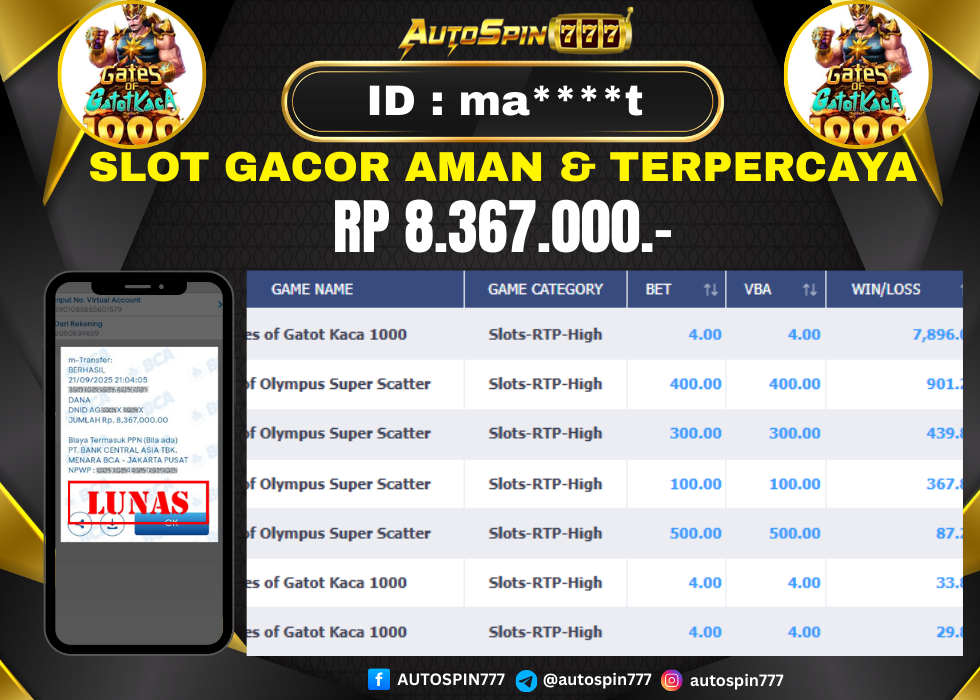 AUTOSPIN777 : BUKTI RESMI PEMBAYARAN KEMENANGAN SLOT : GATES OF GATOT KACA 1000 RP. 8.367.000.- LUNAS 21 SEP 2025