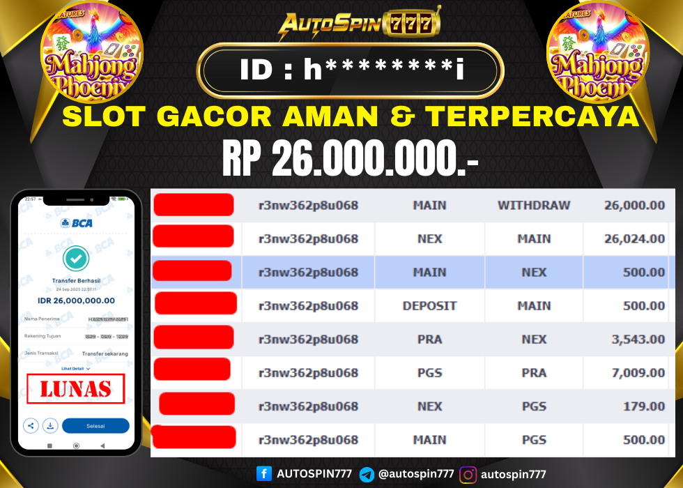 AUTOSPIN777 : BUKTI RESMI PEMBAYARAN KEMENANGAN SLOT : MAHJONG PHOENIX RP. 26.000.000.- LUNAS 24 SEP 2025